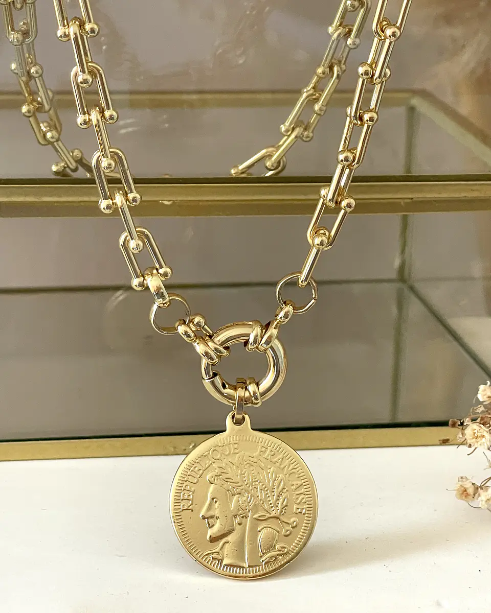 Collar Moneda Francesa Eslabones Tiffany gold  4