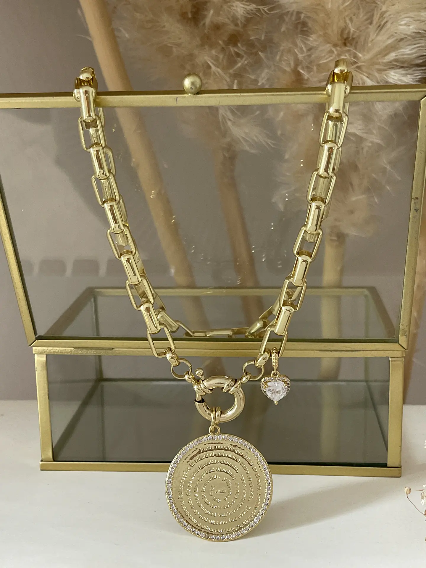 Collar Medallón Padre Nuestro Circones eslabones rectangulares macizos gold 5