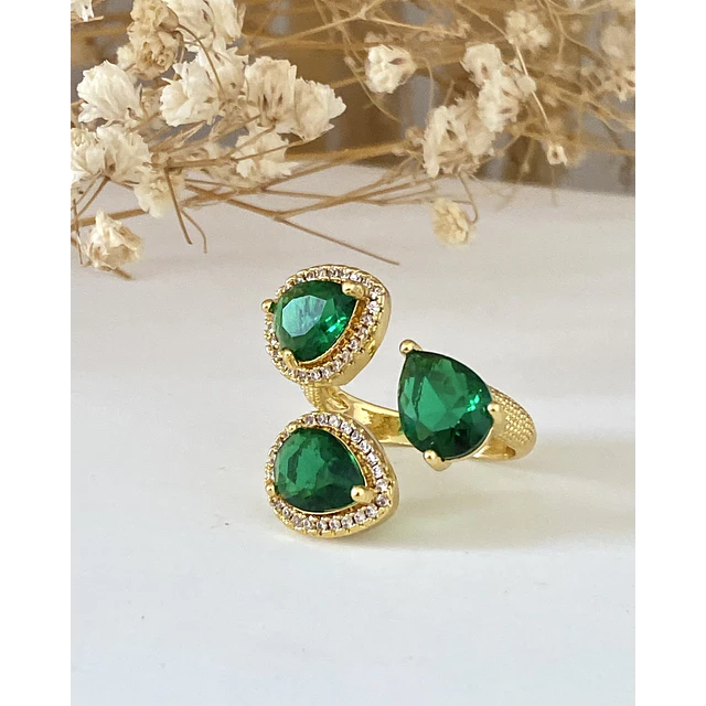 Anillo Trio Cristales Checos Verdes gold