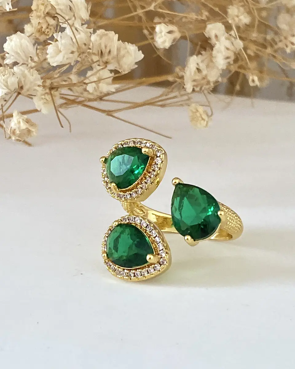 Anillo Trio Cristales Checos Verdes gold 2