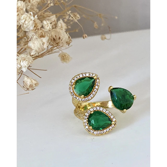 Anillo Trio Cristales Checos Verdes gold