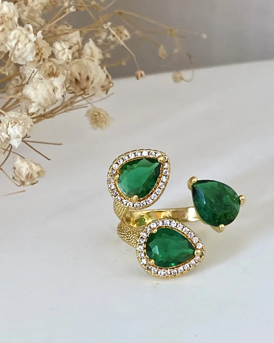 Anillo Trio Cristales Checos Verdes gold 3