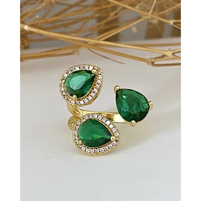 Anillo Trio Cristales Checos Verdes gold