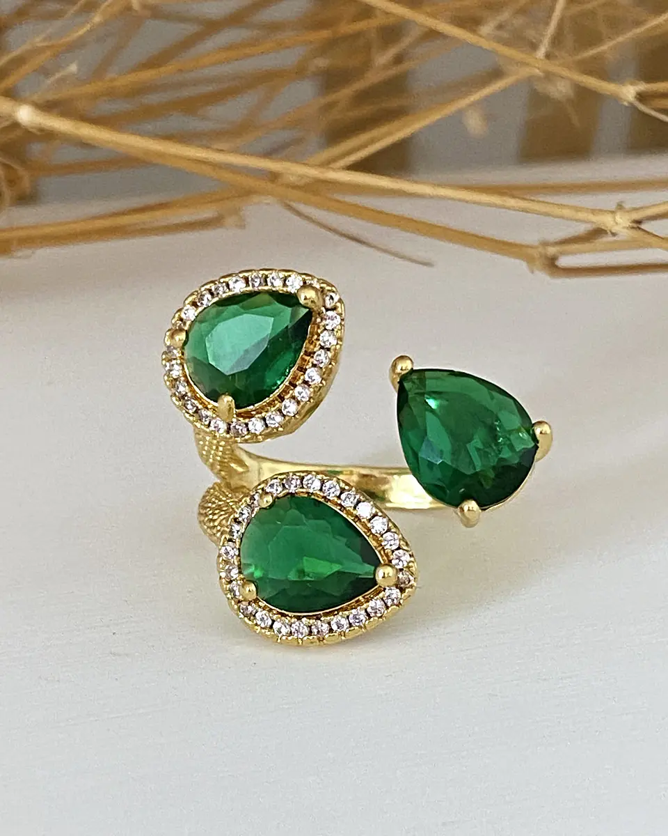 Anillo Trio Cristales Checos Verdes gold 4