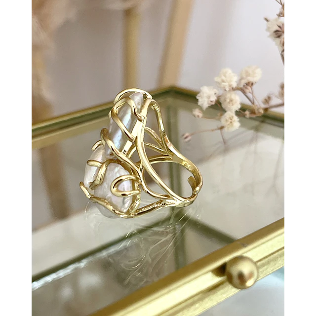  Anillo Trío de Maxi Perlas de Agua dulce gold