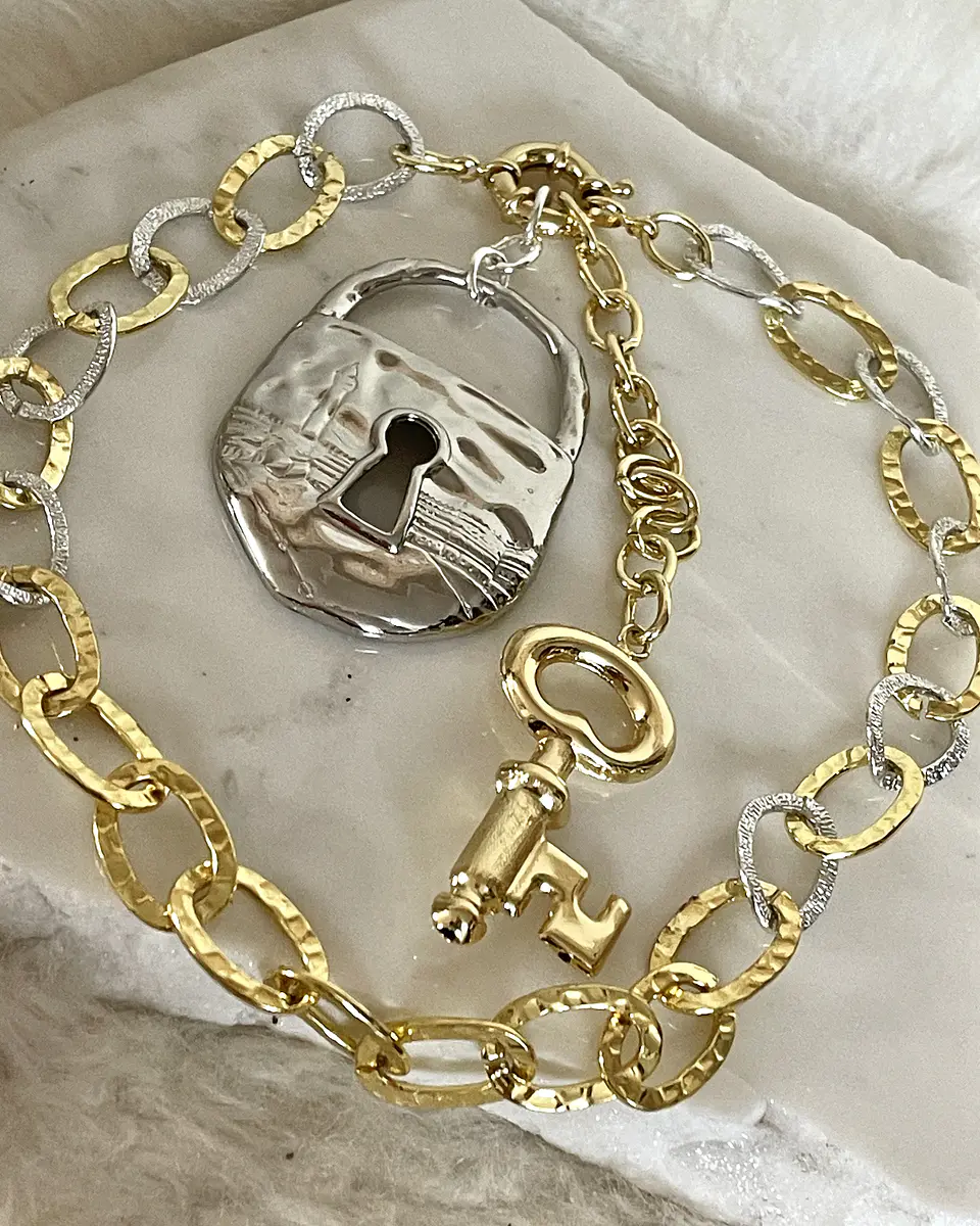 Collar Maxi Candado Llave Eslabones Silver Gold 6