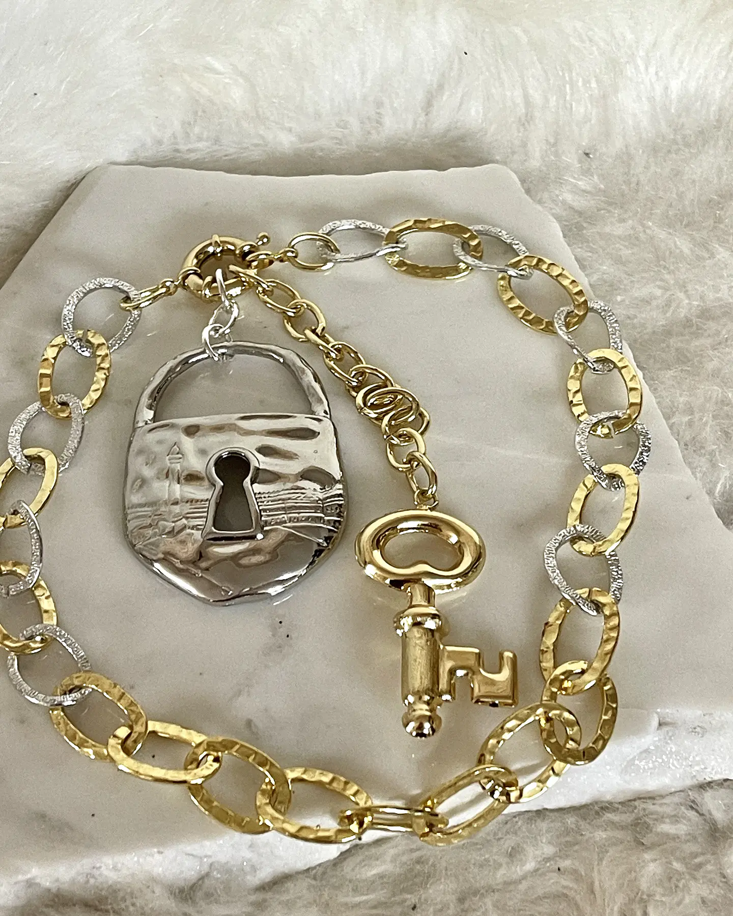 Collar Maxi Candado Llave Eslabones Silver Gold 8