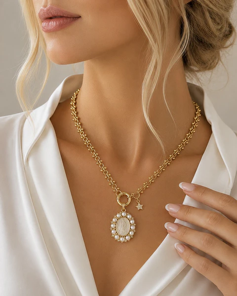 Collar Medalla Virgen Perlas de Rio Circones Gold