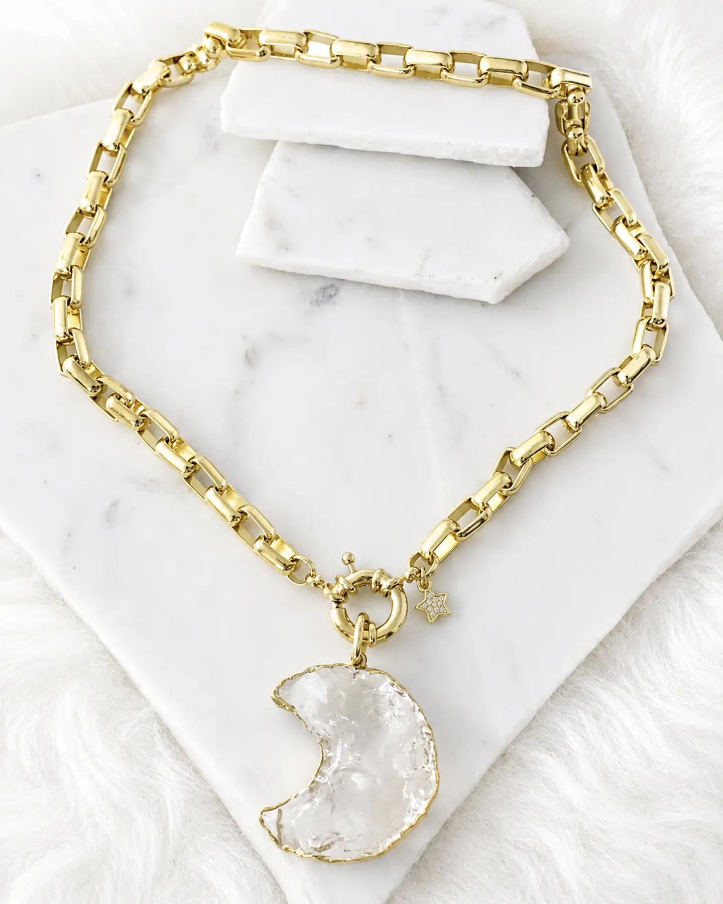 Collar Maxi Luna Cuarzo Cristal eslabones rectangulares  Gold 3
