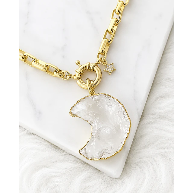 Collar Maxi Luna Cuarzo Cristal eslabones rectangulares  Gold