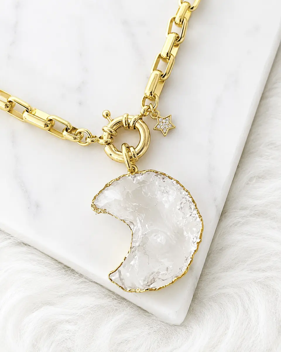 Collar Maxi Luna Cuarzo Cristal eslabones rectangulares  Gold 1
