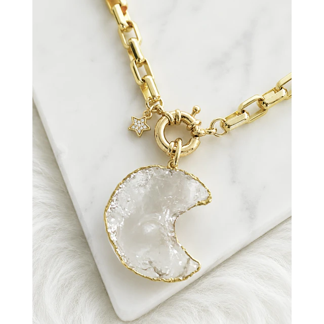 Collar Maxi Luna Cuarzo Cristal eslabones rectangulares  Gold