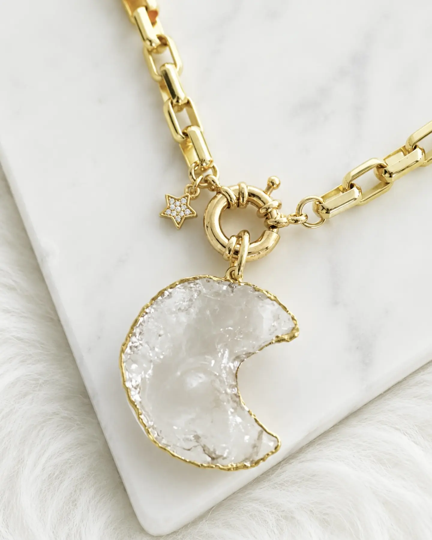 Collar Maxi Luna Cuarzo Cristal eslabones rectangulares  Gold 6