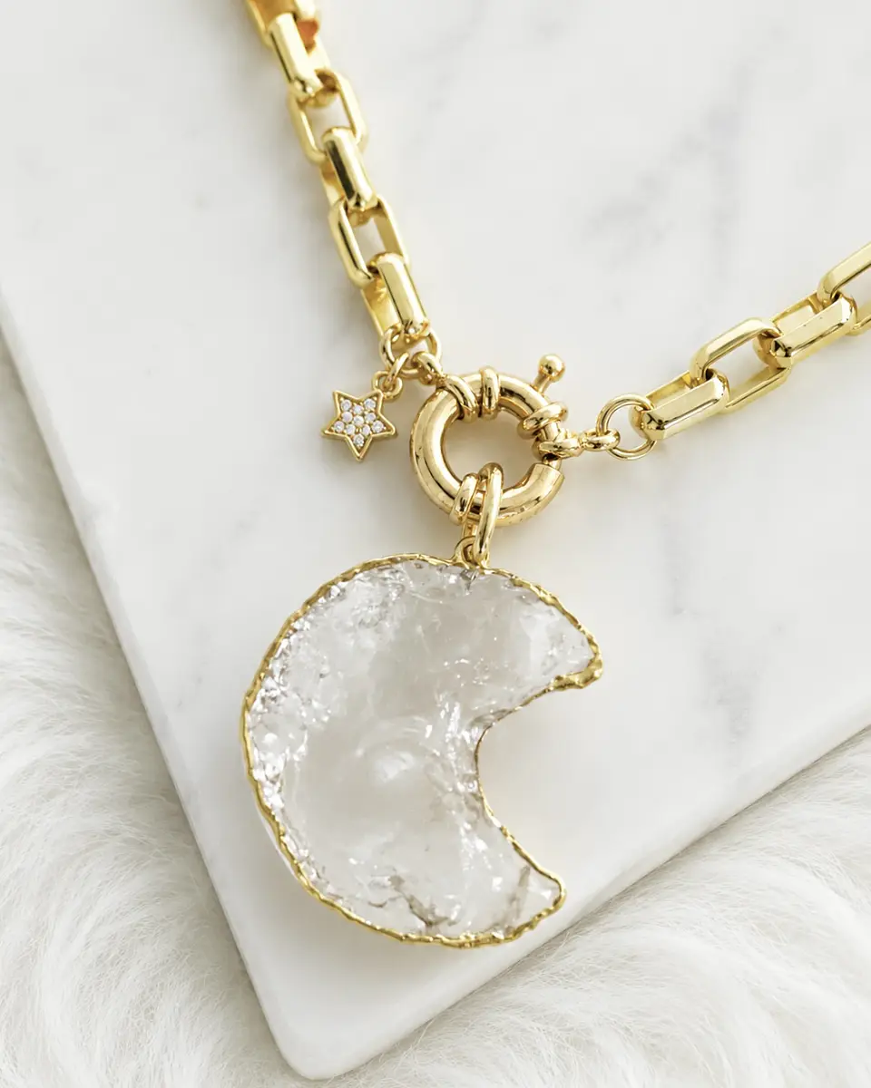 Collar Maxi Luna Cuarzo Cristal eslabones rectangulares  Gold 6