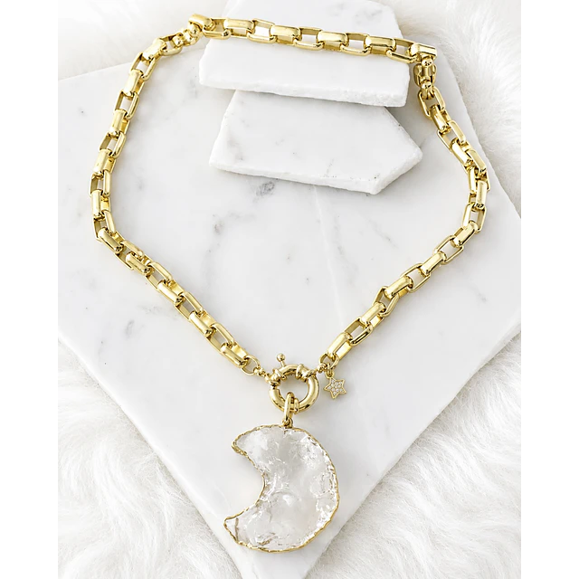 Collar Maxi Luna Cuarzo Cristal eslabones rectangulares  Gold