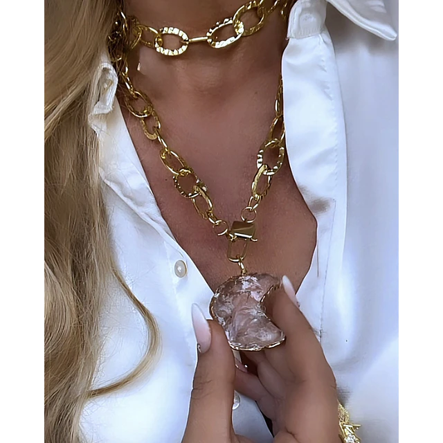 Collar XL Maxi Luna Cuarzo Maxi Eslabones Gold