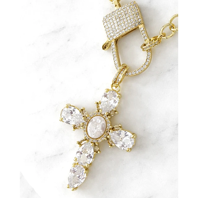 Collar XL Maxi Cruz Cristales  Broche Candado Gold