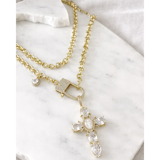 Collar XL Maxi Cruz Cristales  Broche Candado Gold