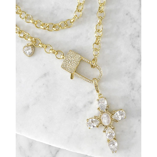 Collar XL Maxi Cruz Cristales  Broche Candado Gold