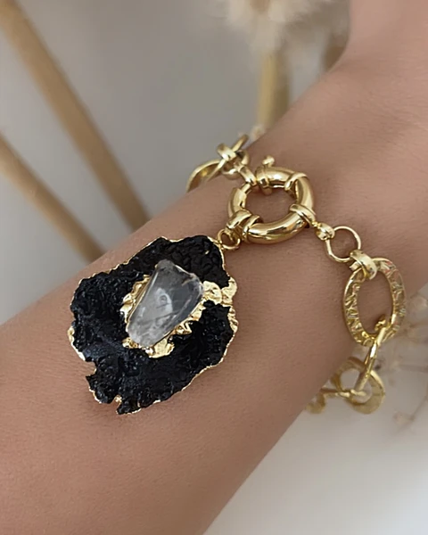 Pulsera Maxi Turnalina Cuarzo Eslabones Martillados Gold 