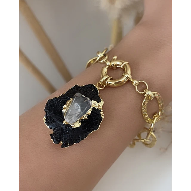 Pulsera Maxi Turnalina Cuarzo Eslabones Martillados Gold 