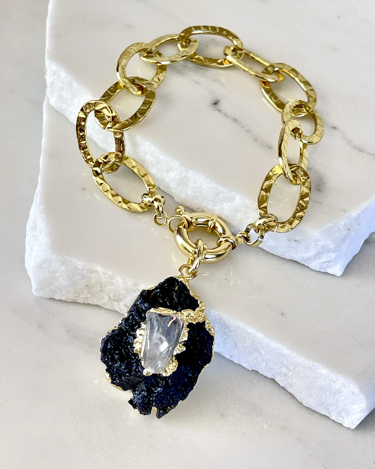 Pulsera Maxi Turnalina Cuarzo Eslabones Martillados Gold  3
