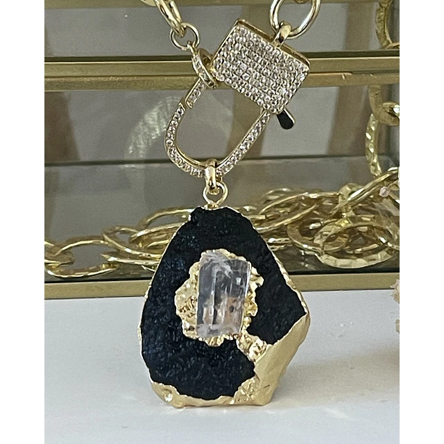 Collar XL Turmalina Negra Cuarzo Broche Candado Luxury gold 