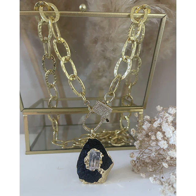 Collar XL Turmalina Negra Cuarzo Broche Candado Luxury gold 