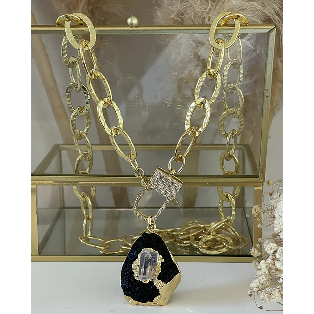 Collar XL Turmalina Negra Cuarzo Broche Candado Luxury gold 