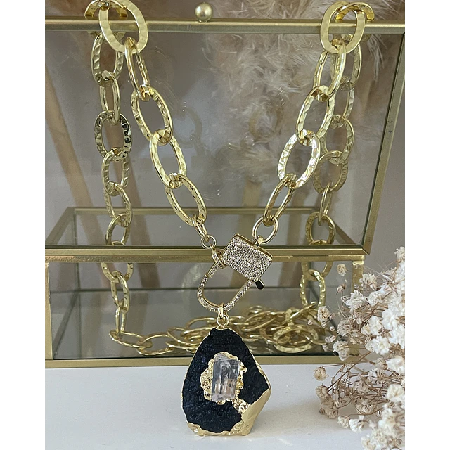Collar XL Turmalina Negra Cuarzo Broche Candado Luxury gold 
