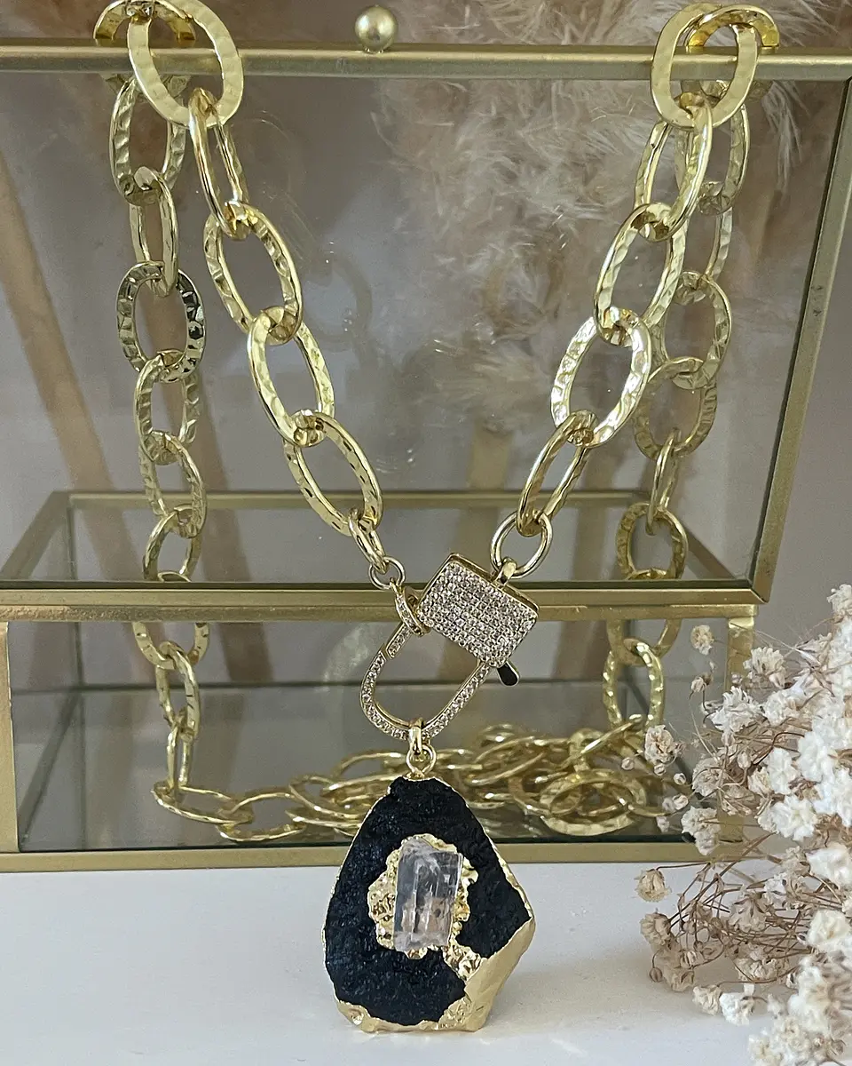 Collar XL Turmalina Negra Cuarzo Broche Candado Luxury gold  12