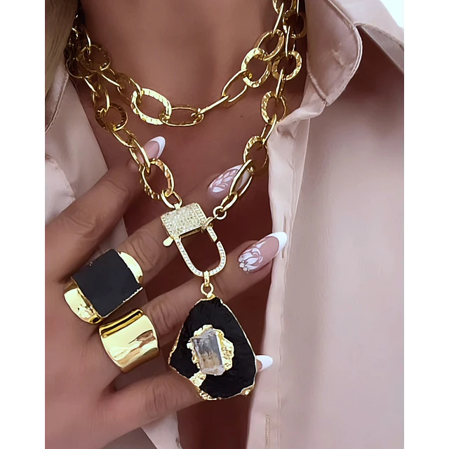 Collar XL Turmalina Negra Cuarzo Broche Candado Luxury gold 