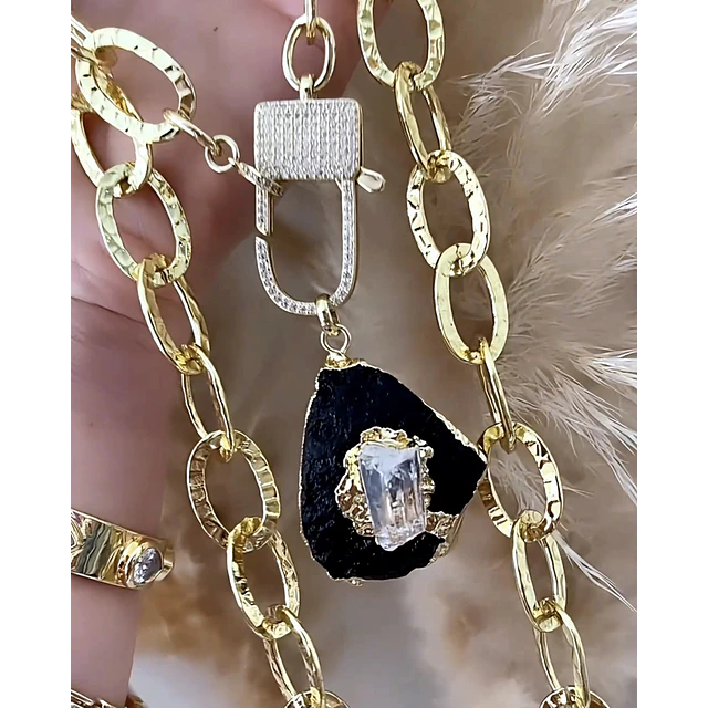 Collar XL Turmalina Negra Cuarzo Broche Candado Luxury gold 