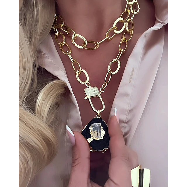 Collar XL Turmalina Negra Cuarzo Broche Candado Luxury gold 