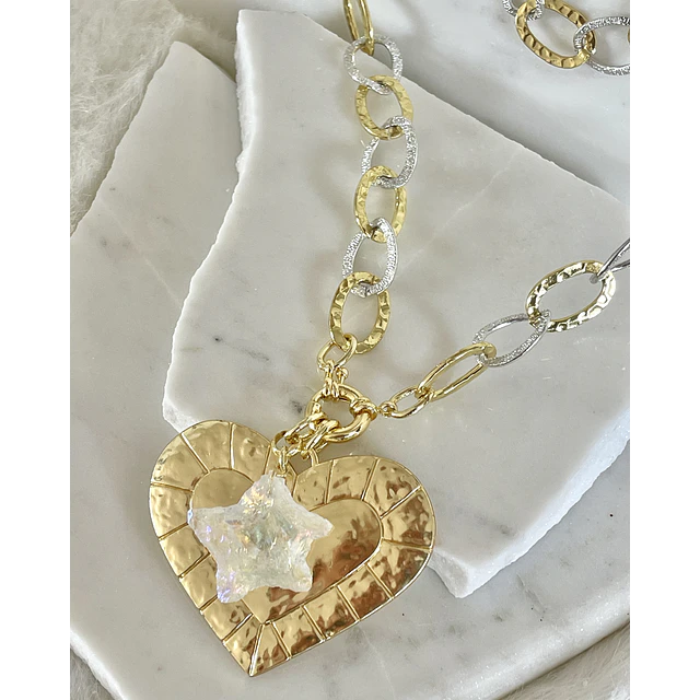 Collar XL Maxi Corazón Estrella cuarzo tornasol gold