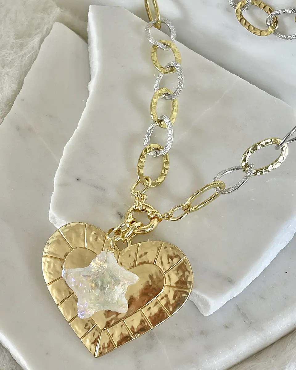 Collar XL Maxi Corazón Estrella cuarzo tornasol gold 2
