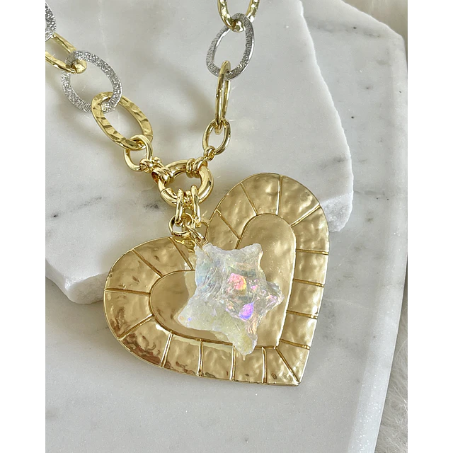 Collar XL Maxi Corazón Estrella cuarzo tornasol gold