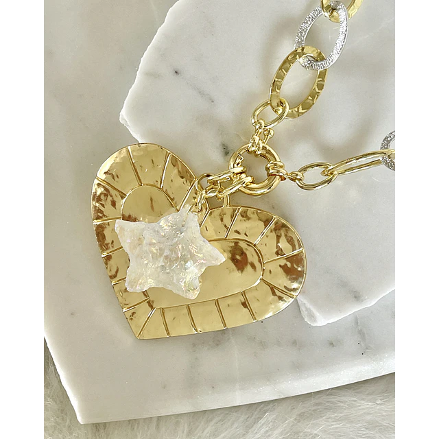 Collar XL Maxi Corazón Estrella cuarzo tornasol gold