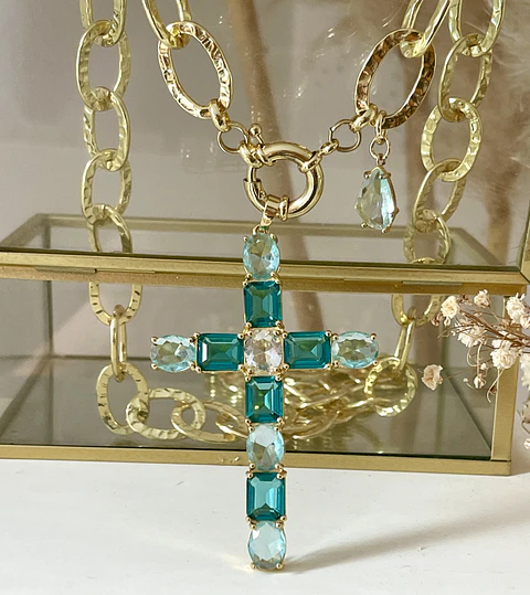 Colla XL Maxi Cruz Cristales Aguamarina Gold