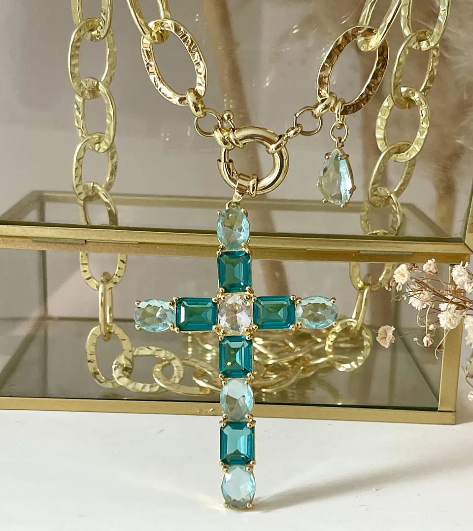 Colla XL Maxi Cruz Cristales Aguamarina Gold 1
