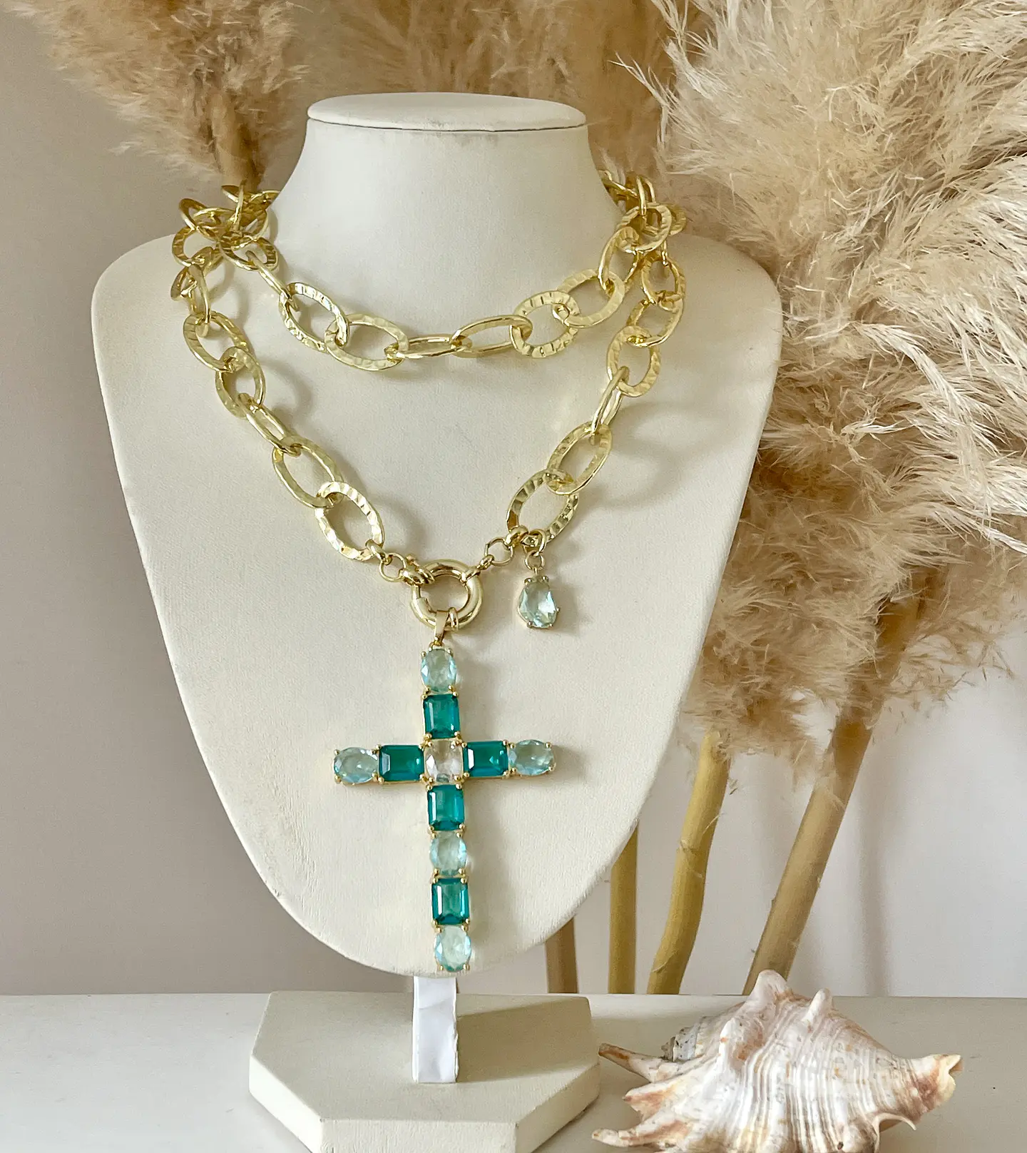 Colla XL Maxi Cruz Cristales Aguamarina Gold 2