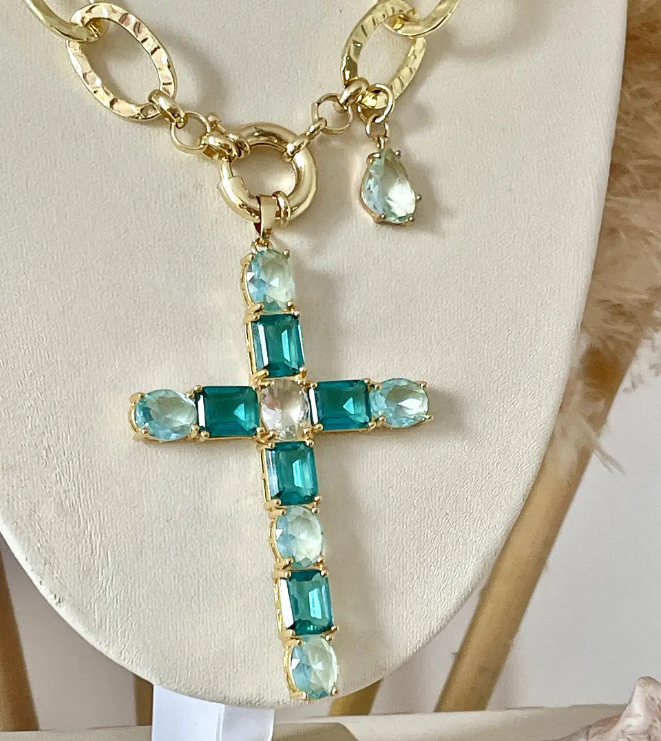 Colla XL Maxi Cruz Cristales Aguamarina Gold 4