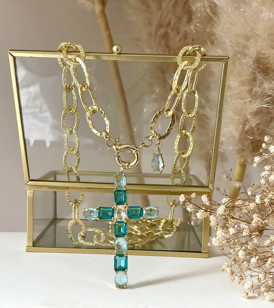 Colla XL Maxi Cruz Cristales Aguamarina Gold 5