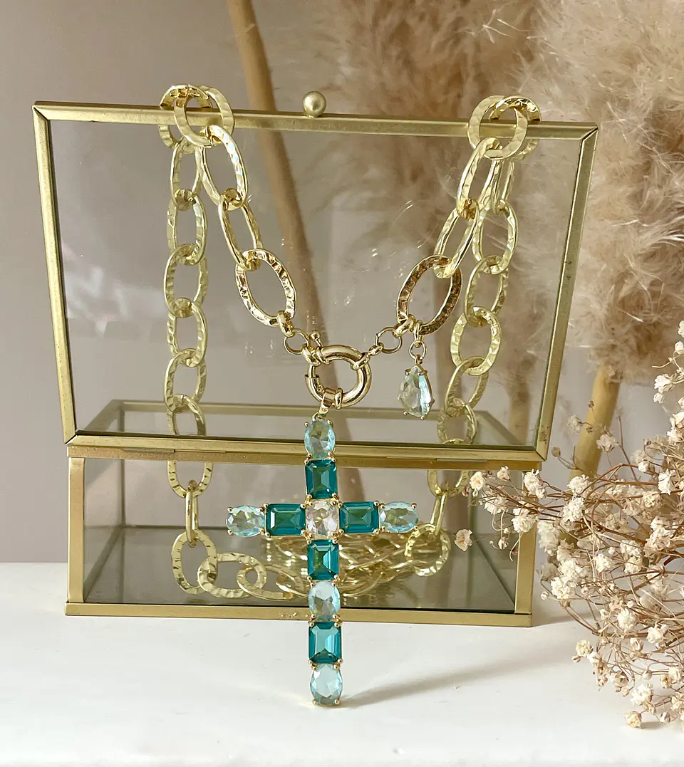Colla XL Maxi Cruz Cristales Aguamarina Gold 8