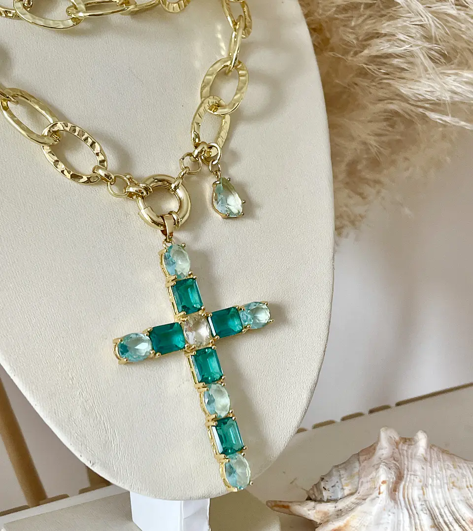 Colla XL Maxi Cruz Cristales Aguamarina Gold 9