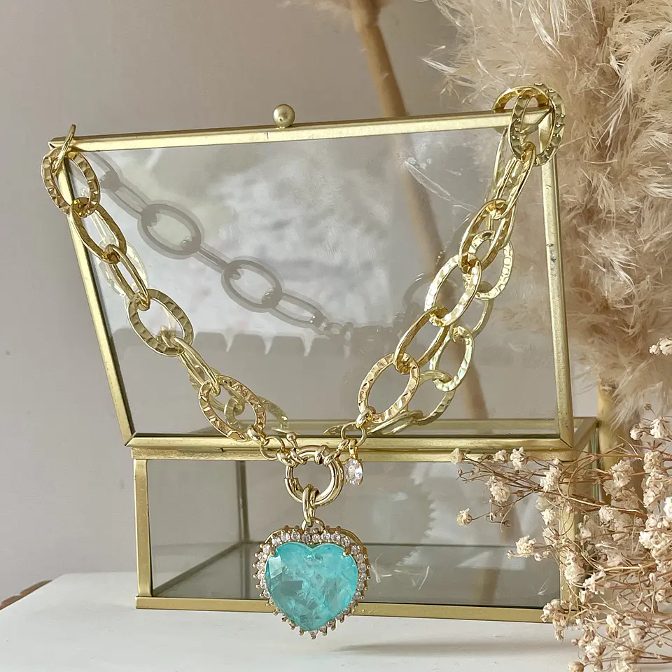 Collar Maxi Corazón Cristal Turquesa Maxi eslabones Gold 4