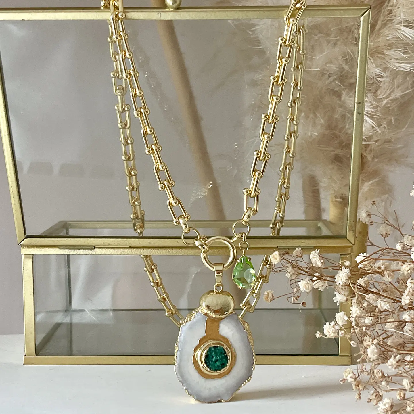 Collar Cuarzo Drusa Verde Gold  2