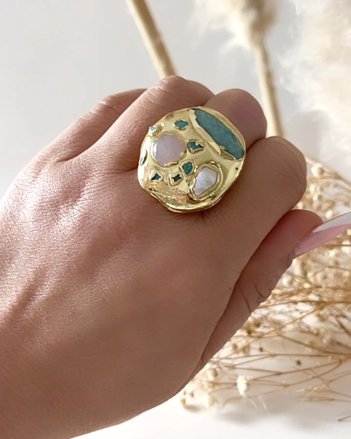 Maxi Anillo Macizo Amazonita Modelo Italiano Gold 1
