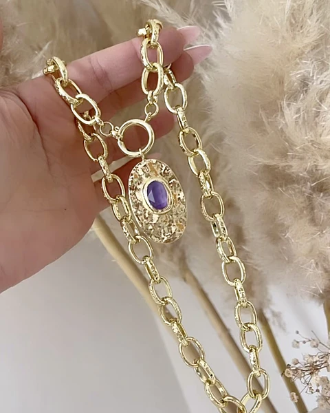 Collar Macizo Medallón Amatista Gold