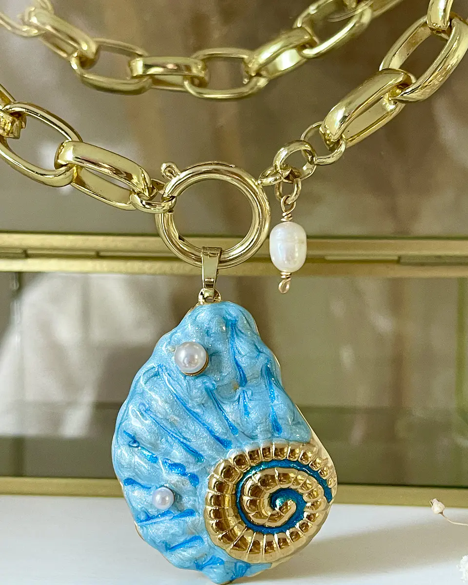 Collar Maxi Caracola Blue Perlas Gold 6
